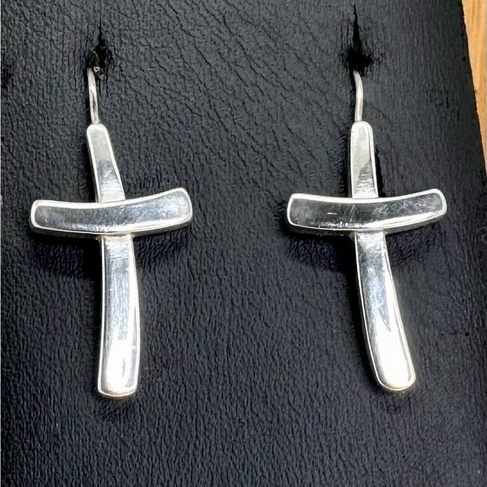 JAMES AVERY Sterling Silver Ribbon Curved Cross Hook Dangle Earrings; RETIRED